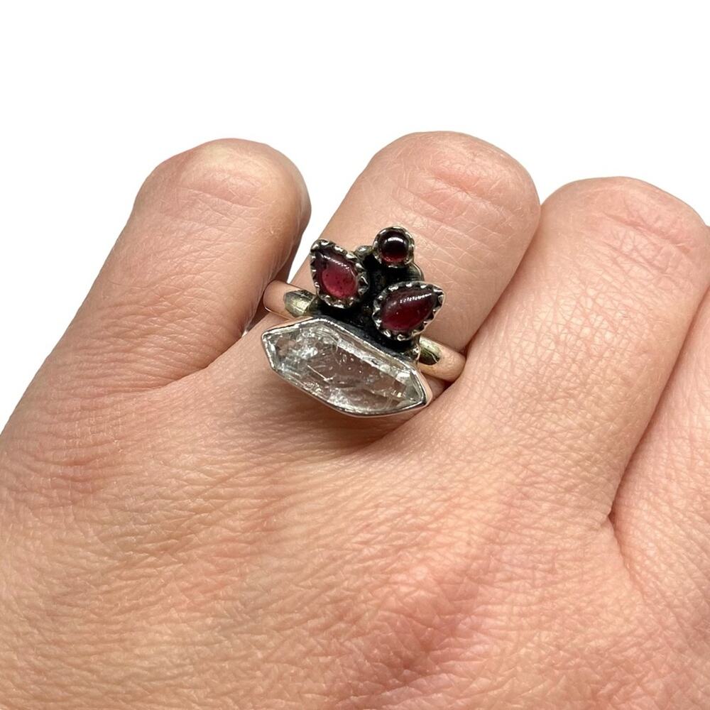 Herkimer Diamond Garnet Ring Solid Sterling Silve… - image 4